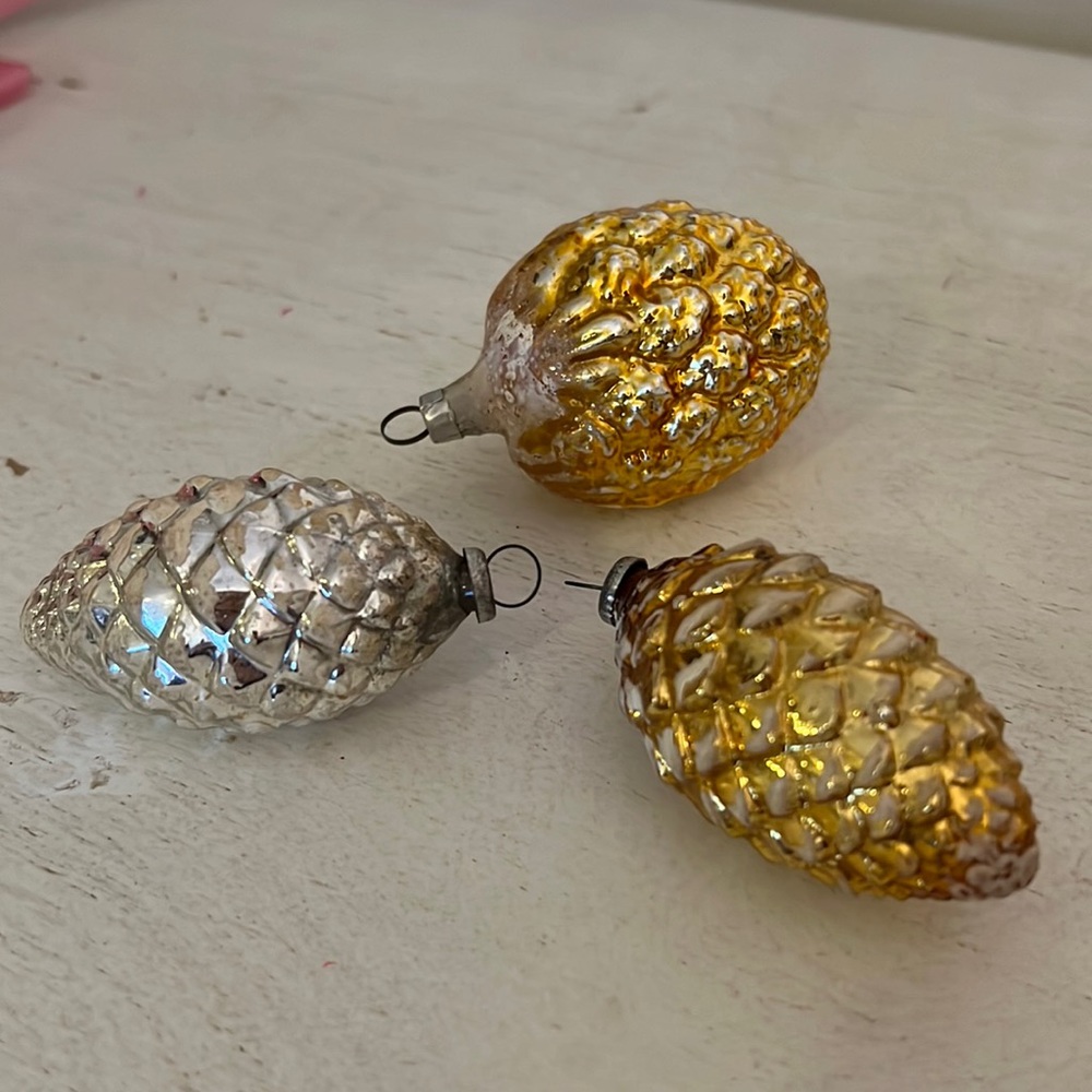 Lot 3 Vintage blown glass frosted Japan pinecone Christmas ornaments